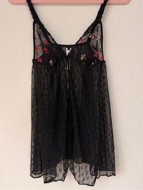 Y2K Sheer Lace Babydoll Top Embroidered Butterfly Mesh Cami AUBADE Black Medium